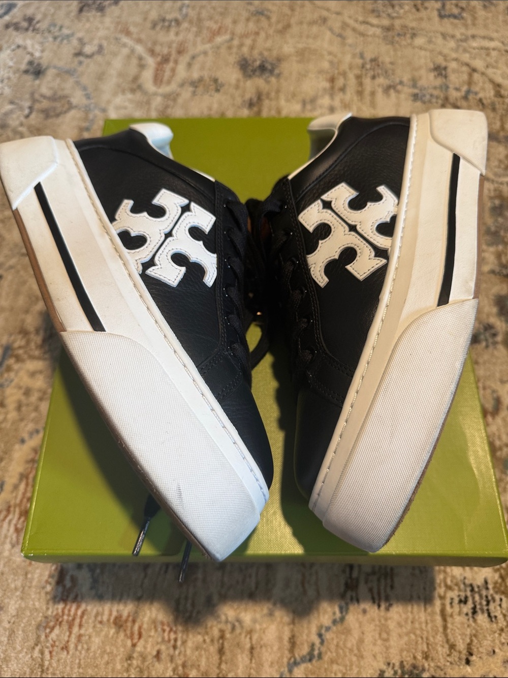 Tory Burch Black and White Leather Logo Platform Sneakers